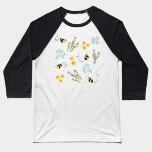 Cute Spring Bee Tulips and Daffodils Flower Pattern Digital Illustration Baseball T-Shirt